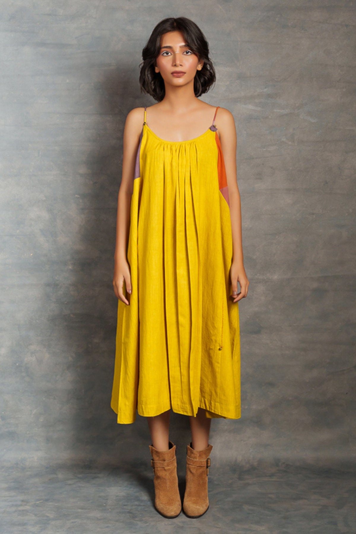 Buy Citron Cotton Sleeveless Dress by Thread Game for women online at ScrollnShops